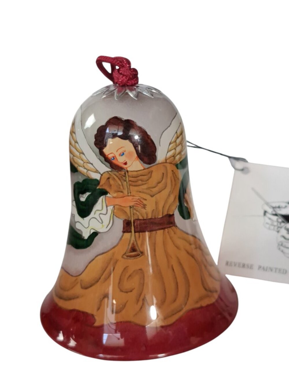 Chase International Angel Christmas Ornament Bell Reverse Painted Glass